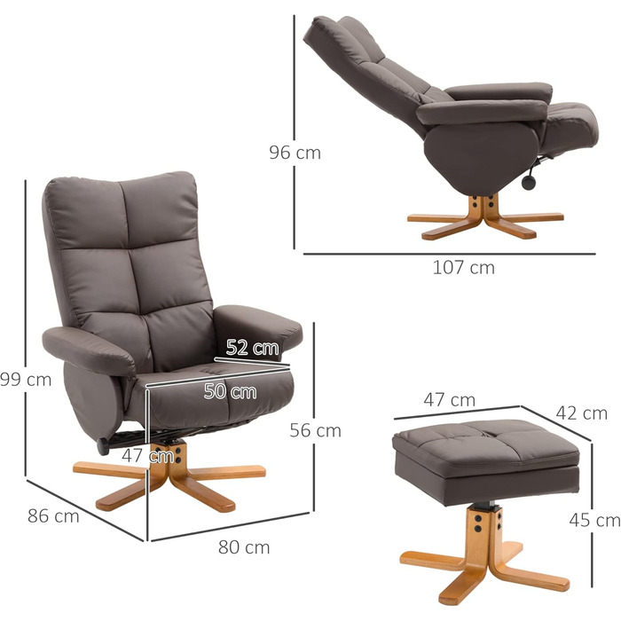 Крісло-реклайнер HOMCOM з підставкою для ніг, місце для зберігання, м&39яке крісло для телевізора з функцією відкидання, поворотне крісло для телевізора на 360 для спальні, вітальні, штучна шкіра, коричневий