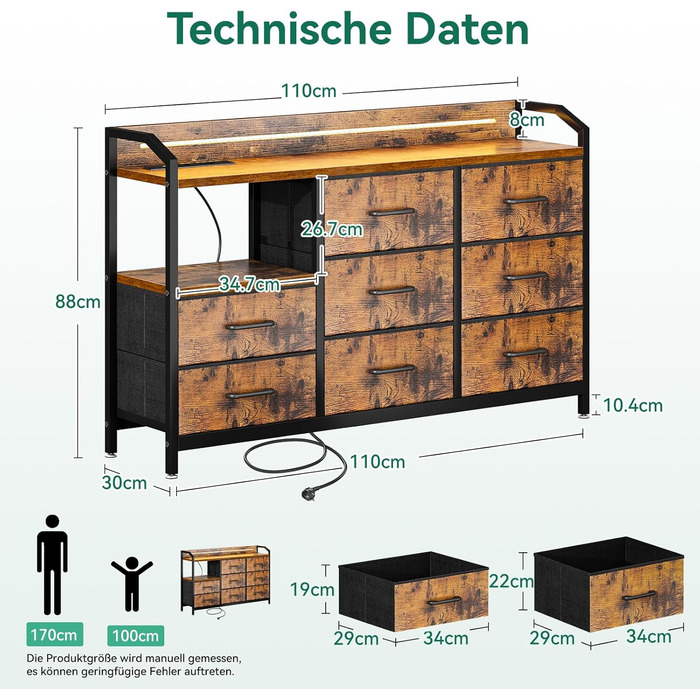 Комод ODK, шафа з шухлядами та світлодіодною стрічкою (10 регульованих кольорів), 2 розетки USB та 2 розетки змінного струму, 8 тканинних шухляд, комод для вітальні/спальні, 110*30*88 см, вінтажний