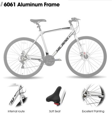 Шосейний велосипед Hiland 28 дюймів, 21 передача, міський велосипед для чоловіків з дисковими гальмами, рама 530 мм, зручний шосейний велосипед, колеса 700C, чорний/червоний/срібний, розмір L