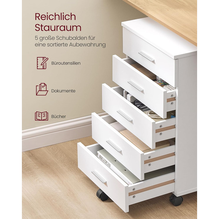 Контейнер на колесах, мобільна шафа для документів, шафа з шухлядами, підставка для принтера з 5 шухлядами, з безгвинтовими розсувними рейками, для офісу, домашнього офісу, хмарно-білий OFC081W01