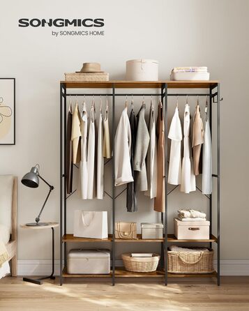 Відкрита шафа, вішалка для одягу, вішалка для пальто, шафа з рейкою для одягу, полиці, знімні гачки, 40 x 141 x 180 см, вінтажний коричневий RGR005B01 Вінтажний коричневий 40 x 141 x 180 см