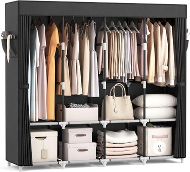 Шафа, розкладна шафа, 170*45*167 см, тканинна шафа з міцною вішалкою для одягу, з кришкою, 4 полицями для зберігання речей та 4 вішалками для одягу, текстильна шафа для спальні/підвалу (чорна)