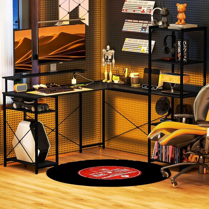 Кутовий письмовий стіл L-подібної форми 137x140 см чорного кольору, комп&39ютерний стіл з USB-роз&39ємом, підставкою для монітора та 6 полицями, металевий офісний стіл з полицею, стійкий та компактний робочий стіл для домашнього офісу (стиль 1), 0I&I0I