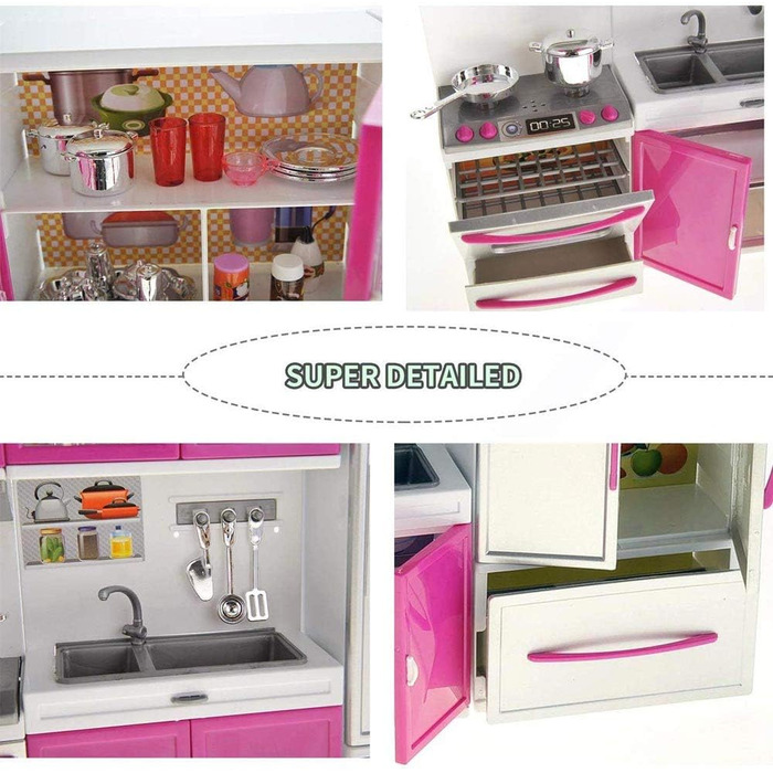 Іграшкові меблі для лялькової кухні, ляльковий будиночок для дітей, реалістичне світло та звуки з робочою варильною поверхнею, духовкою, раковиною, дверцятами холодильника та безліччю аксесуарів, іграшка 40 x 30 см