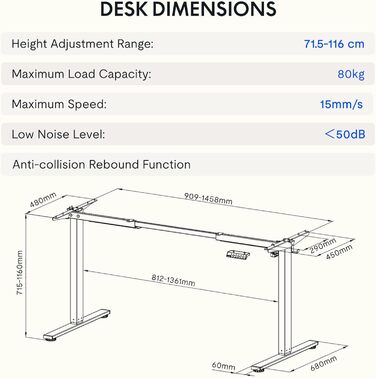 Каркас столу FlexiSpot з регулюванням висоти з 2 гачками, функцією пам&39яті висоти та світлодіодним індикатором висоти, ніжки столу з електричним регулюванням висоти (білий) EN1 білий