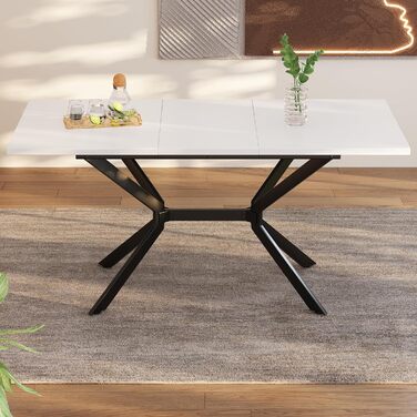 Розкладний обідній стіл Soweiz білий 120/160Д x 80Ш x 75В (см), чорні металеві ніжки, білий прямокутний обідній стіл, підходить для чотирьох-шести осіб, білий чорний 120/160Д x 80Ш x 75В (см)