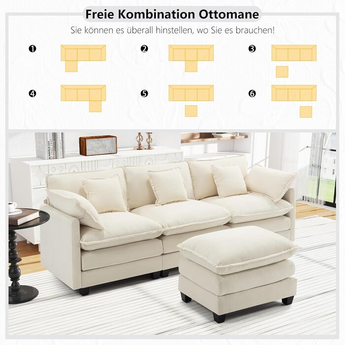 Подібний диван &quotХмара&quot, Модульний 4-місний секційний диван з оттоманкою, Сучасний диван з підлокітниками/декоративними подушками, Дихаюча тканина шенил, L-подібний диван для вітальні, Бежевий 240 см - L Бежевий