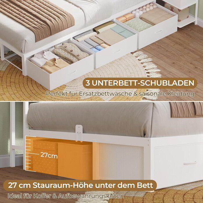 Дитяче ліжко DICTAC 90x200 з 6 шухлядами, світлодіодним освітленням та зарядною станцією Багатофункціональне ліжко з мяким узголівям, вбудованою тумбочкою та прихованим місцем для зберігання в узголівї (біле)