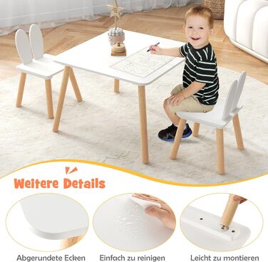 Дитячий стіл DREAMADE з 2 стільцями, комплект дитячих сидінь зі спинкою у формі кролячих вух та ніжками з масиву дерева, комплект із 3 предметів для дітей від 3 років для дитячих кімнат та дитячих садків, білий (білий)