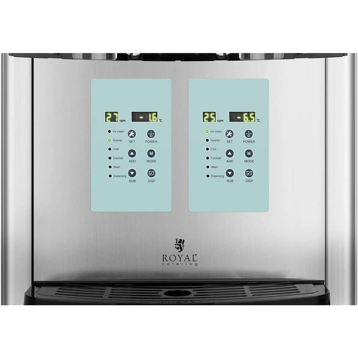 Машина для виробництва м'якого морозива Royal Catering Slush Ice Maker RCSL 2/6ICE (2 x 6 л, 450 Вт, 20-10 C, сучасний дисплей керування, без BPA, 6 функцій, LED-дисплей керування)