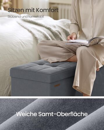 Лавка для зберігання, Складаний табурет, 38 x 110 x 40 см, Коробка для зберігання з кришкою, Пуф для ніг 112 л, Оксамит, Вантажопідйомність до 300 кг, Коридор Вітальня Спальня, Шиферно-сірий LSF0518G02 110 см 112 л Сірий