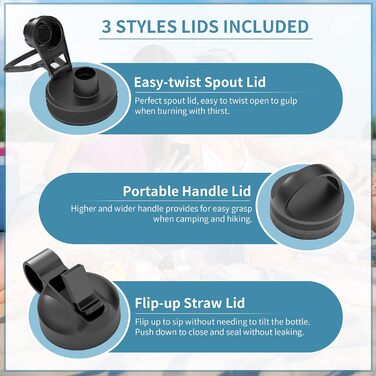 Ізольовані пляшки для води з соломинкою та 3 кришками, широко відкриваються, потрійний вакуумний глечик з нержавіючої сталі, збері