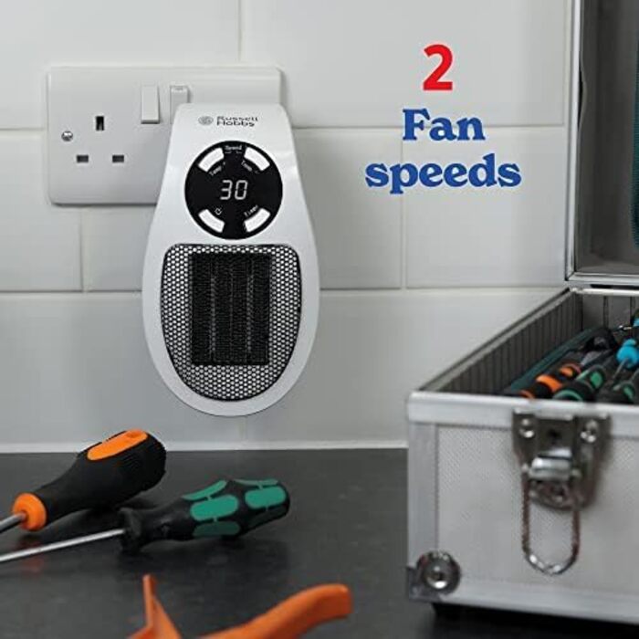 Обігрівач Russell Hobbs RHPH2001 з керамічним штекерним нагрівачем, 500 Вт, регульованим термостатом, 12-годинним таймером та світлодіодним дисплеєм, 2 швидкості вентилятора, білий