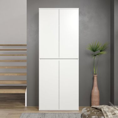 Багатофункціональна шафа - Біла - Шафа з 4 дверцятами, 6 полицями та 1 вішалкою для одягу - (Ш x В x Г) 74 x 191 x 34 см - дверцята без ручок