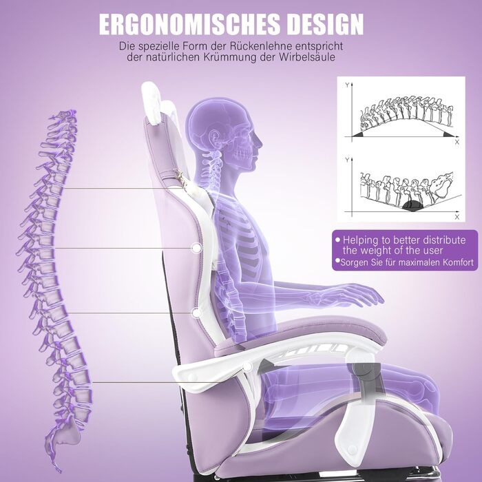 Ігрове крісло, Офісне крісло, Ігрове крісло, Ергономічне ігрове крісло з підставкою для ніг, поперековою опорою, підголівником та котячими вушками, М&39яке ігрове крісло, Обертове крісло для дівчаток, 135 кг, Фіолетовий