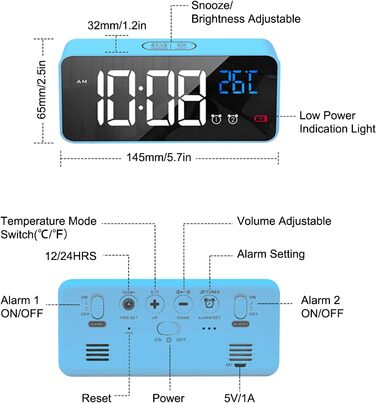 Цифровий будильник LATEC з великим світлодіодним дисплеєм температури, настільний годинник з 10 музикою, USB-порт для зарядки, 4 регульовані яскравість і гучність, відкладення, портативний дзеркальний будильник з 2 будильниками, 12/24HR (синій)