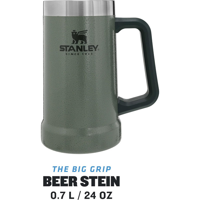 Термокухоль Stanley Adventure Vacuum Stein 709 мл з ручкою зберігає пиво холодним протягом 7 годин - Термокухоль у вінтажному стилі - Можна мити в посудомийній машині - Зелений колір Hammertone
