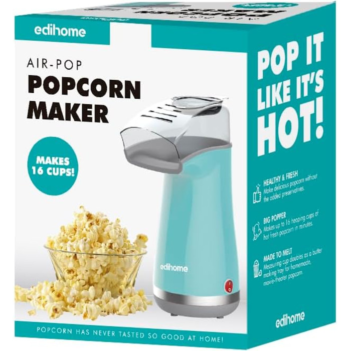 Машина для приготування попкорну, Машини для приготування попкорну, Електрична машина для приготування попкорну, 1200 Вт, включаючи дозуючу ложку, Попкорн готовий за 2 хвилини, Домашній кінотеатр, Серія (синій)