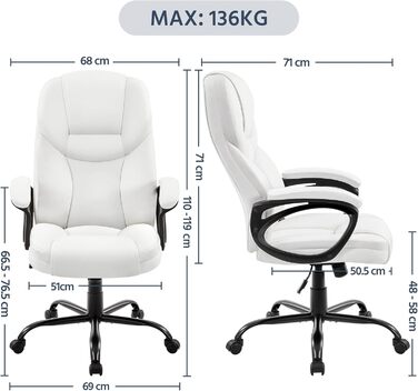 Офісне крісло Yaheetech, крісло керівника, ергономічне поворотне крісло з високою спинкою, комп&39ютерне крісло, зручне робоче крісло з регульованою висотою, офісне крісло зі штучної шкіри, піна високої щільності, функція гойдання, біле, біле, штучна шкір