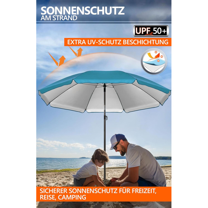Пляжна парасолька 4smile SunnyJoy, бірюзовий колір - пляжна парасолька UPF 50 Ø 200 см, надійний захист від сонця, вітронепроникна та стійка - парасолька із захисним чохлом, комплект із 2 шт. - 1 x парасолька чохол Ø 200 см, бірюзовий колір