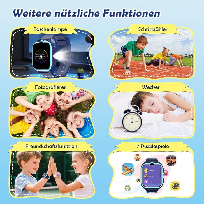 Дитячий смарт-годинник зі слотом для SIM-картки та підтримкою 4G, LBSWiFiGPS-трекер, ліхтарик, екстрений виклик SOS, шкільний режим, телефонний дзвінок, голосовий чат, IP67, дитячий годинник для хлопчиків та дівчаток 5-12 років, синій