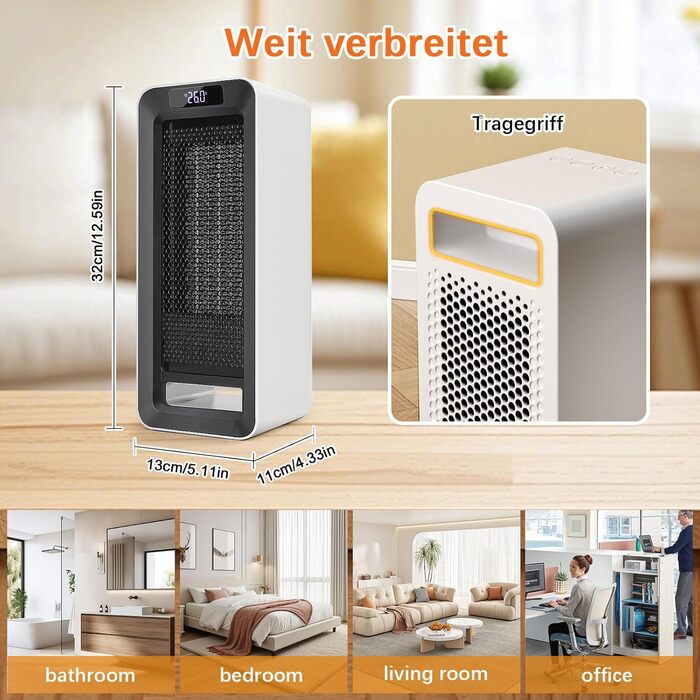 Невеликий енергозберігаючий електричний обігрівач - 1500 Вт з керамічним нагрівальним елементом PTC, 3-швидкісний нагрів, захист від перегріву та перекидання, електричний нагрівач