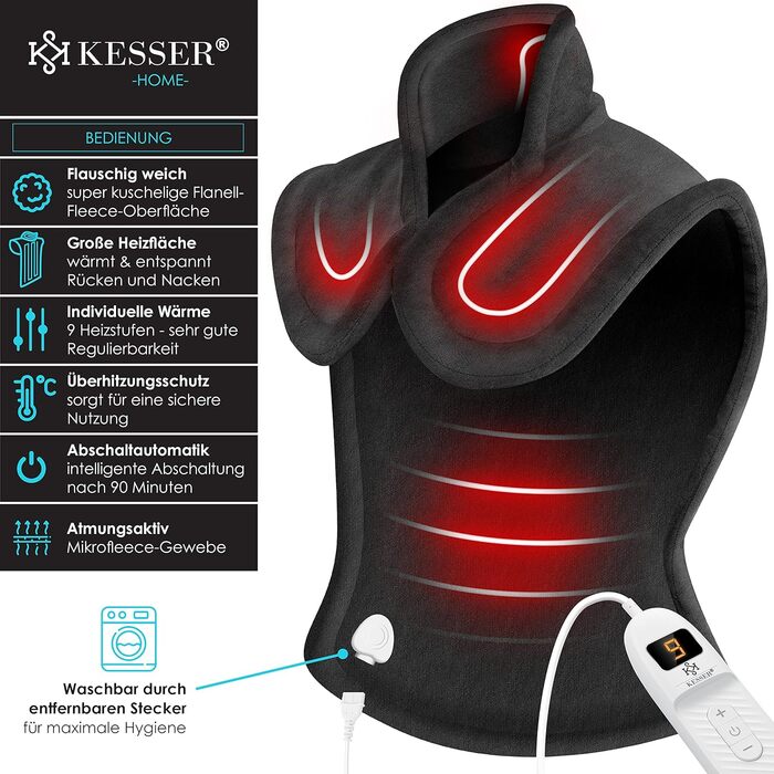 Електрична грілка KESSER для спини, плечей та шиї з автоматичним вимкненням, 9 налаштувань температури, 60x85 см, з поясним ременем, електрична грілка для спини, яку можна прати, пульт дистанційного керування, антрацит
