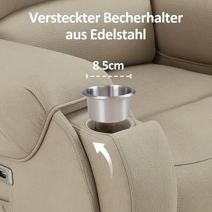 Електричне крісло-реклайнер для телевізора з підйомником, масажем та підігрівом, крісло-реклайнер з функцією нахилу на 145, подушка сидіння з піни 35D, приховані підставки для чашок 7252 (мікрофібра, бежево-коричневий) Бежево-коричнева мікрофібра