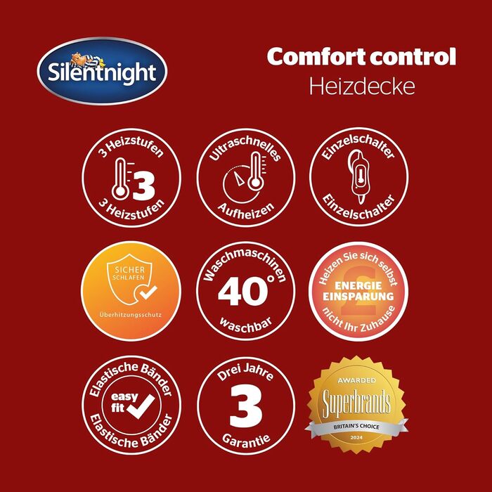 Підогріта підковдра Silentnight Comfort Control 140x150 см Підігріта ковдра з 3 режимами нагріву, надшвидкий нагрів, гумки, можна прати в пральній машині Підігрітий килимок для ліжка, нагрівальний килимок 140x150 см