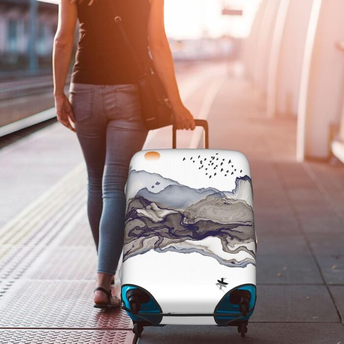 Чохол для валізи Сірі пагорби, птахи - захисний, з малюнком, великий розмір (80 см), білий