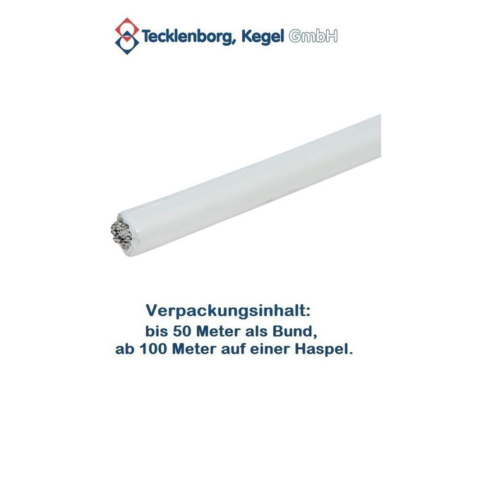 Канат з нержавіючої сталі 1х19, в оболонці з ПВХ (білий), 100 м, трос 3 мм, обшитий ПВХ до зовнішнього діаметра 5 мм, нержавіючий, твердий, низьке подовження - Текленборг, Kegel GmbH 3 мм на 5 мм 100 метрів