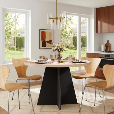 Круглий кухонний стіл MSFE 100 см, круглий дерев&39яний обідній стіл для 4 осіб, обідній стіл у ретро-індустріальному стилі з чорною стійкою хрестоподібною дерев&39яною основою для їдальні, кухні, вітальні, 100*100*75 см