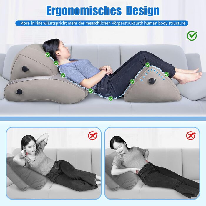 Комплект надувних подушок для ніг SAHEYER для спинки, 2 регульовані надувні клиноподібні подушки для читання, ергономічна подушка для підтримки ніг та спини, подушка для спинних вен для полегшення болю в ногах та спині, сірий