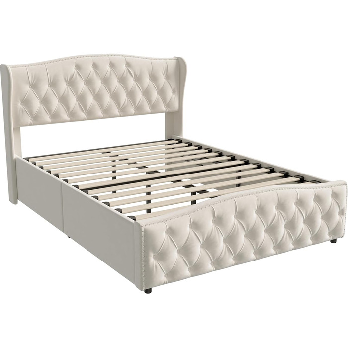 М&39яке ліжко 140x200 з місцем для зберігання, гідравлічне ліжко з місцем для зберігання, дитяче ліжко з узголів&39ям, каркас двоспального ліжка з ящиком для зберігання та рейковою основою, без матраца, оксамит (Бежевий 2, 140 x 200 см) Бежевий 2 140 x 20