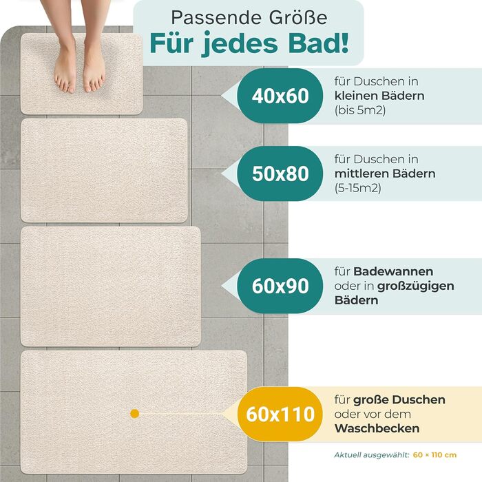 Бежевий килимок для ванної нековзний та миється високопоглинаючий килимок для ванної гігієнічний килимок для душу нековзний, миється килимок для ванної 60x110 см, швидковисихаючий, бежевий, 110 x 60 см (прямокутний)