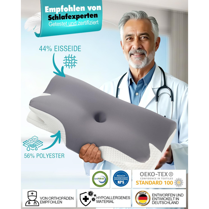 Ортопедична подушка IDEA, подушка для шиї, подушка для голови від болю в шиї, ергономічна подушка з піни з ефектом пам&39яті, подушка для сну на боці, спині та животі - полегшення для шиї та сну (257-a) 65 x 36 x 11/14 см