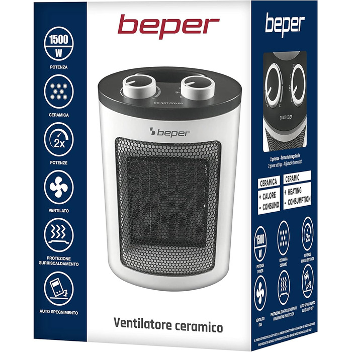 Керамічний вентилятор-обігрівач BEPER RI.080, сучасний дизайн, компактний, економний, регульований термостат, два рівні потужності, захист від перегріву, з ручкою, керамічний, PTC вентилятор-обігрівач, білий/чорний