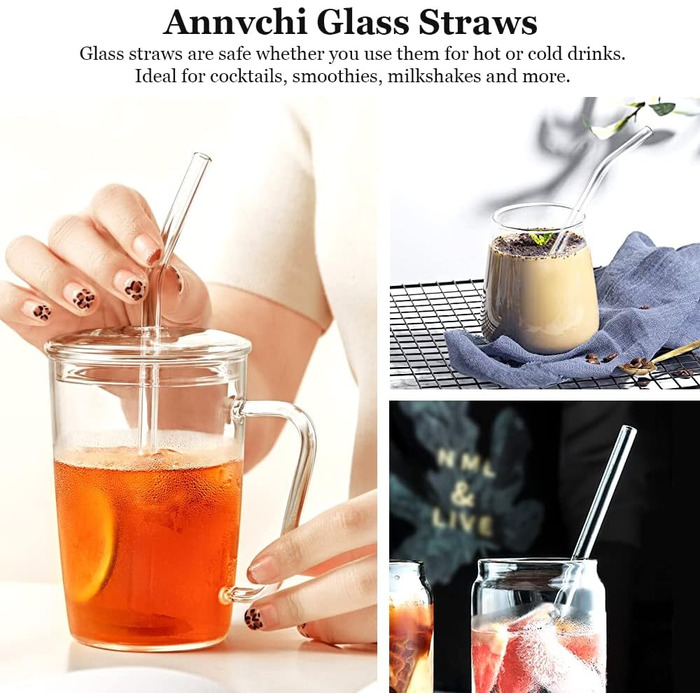 Скляні соломинки багаторазові 16 шт. - 6 прямих скляних соломинок і 6 вигнутих скляних соломинок 21,5см з 4 щітками для чищення, п