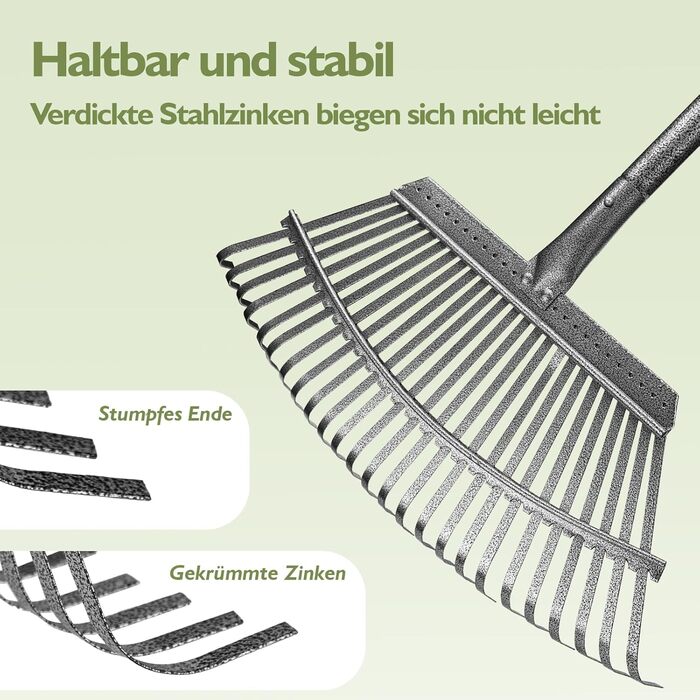 Садовий віяловий граблі Rechen Garten, 2511 зубців, металевий, з регульованою ручкою (70-185 см), для важкого листя, граблі для листя, трави та ґрунту, у комплекті з 2 парами рукавичок