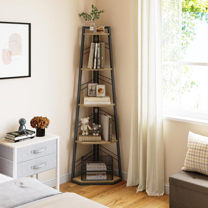 Рівнева кутова книжкова полиця - промислова окремостояча книжкова полиця з драбиною, сучасна відкрита дерев&39яна полиця для вітальні, коридору, домашнього офісу, дуб, 5-