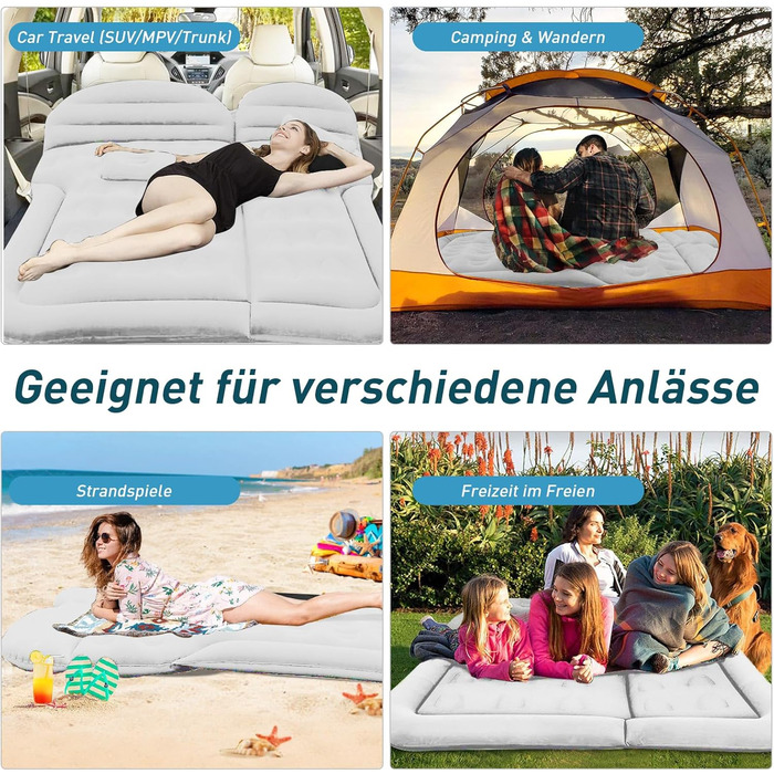 Надувний матрац для автомобіля позашляховика - потовщений та покращений кемпінговий матрац для заднього сидіння/багажника з електричним насосом, побутовий адаптер, 2 подушки 2 підставки для ніг, білий