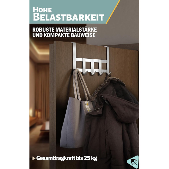 Вішалка для верхнього одягу Menz Premium, 5 гачків - Вішалка для верхнього одягу з нержавіючої сталі, надзвичайно міцні дверні гач