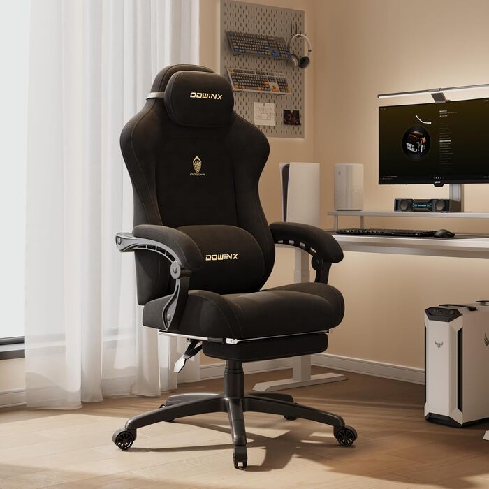 Ергономічне ігрове крісло Dowinx з регульованою масажною подушкою для попереку, мікрофібровий велюр, товста подушка сидіння, висувна підставка для ніг, регульовані підлокітники, нахил на 160, світло-чорний колір