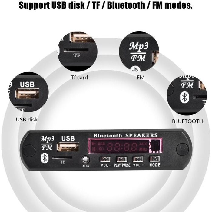 Карта декодера Bluetooth, 12 В постійного струму 5 В MP3 Декодер WMA Картка аудіо Бездротовий модуль Bluetooth зі слотом для карт USB і TF, підтримка модуля декодера MP3 Картка дзвінків у режимі гучного зв'язку, FM-радіо