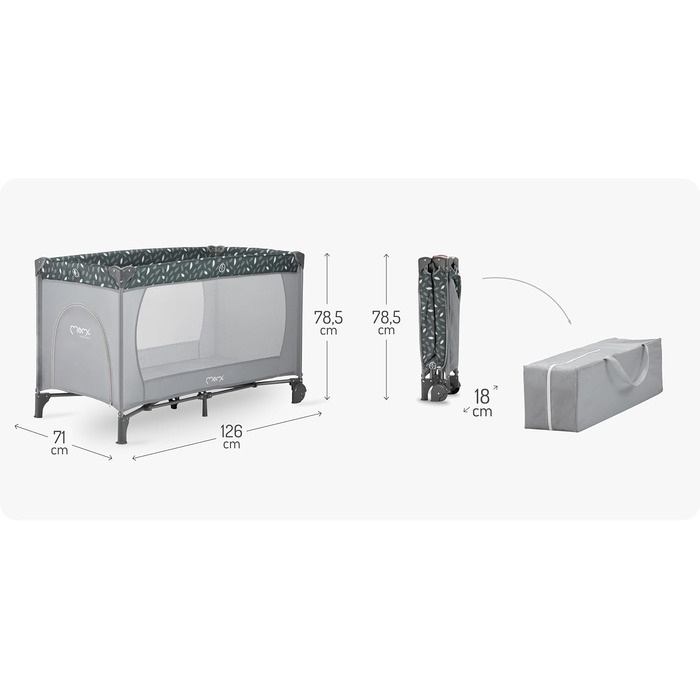 Дитяче ліжечко Momi BELOVE для дітей вагою до 15 кг, Ш65 x Д125 x В78 см (складається 21 x 23 x 80 см), дитяче ліжечко з матрацом, 2 колеса, сумка для транспортування сірого кольору
