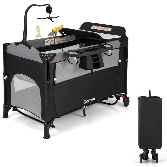 Дитяче ліжечко COSTWAY 5-в-1 120 x 60 см, 2-рівневе дорожнє ліжечко з матрацом, пеленальний килимок, іграшки, музична скринька та сумка для перенесення, складне бічне ліжко, мобільне, 4-рівневе регулювання для дітей вагою до 15 кг (чорне)