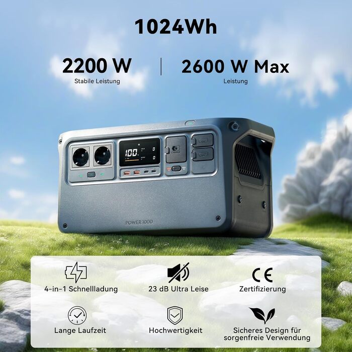 Портативна електростанція DJI Power 1000, сонячний генератор потужністю 2200 Вт, акумулятор LiFePO4 ємністю 1024 Втгод, функція швидкої зарядки 4-в-1, надзвичайно тихий 23 дБ, сонячний генератор для кемпінгу, автономного життя, кемперів, аварійних ситуаці