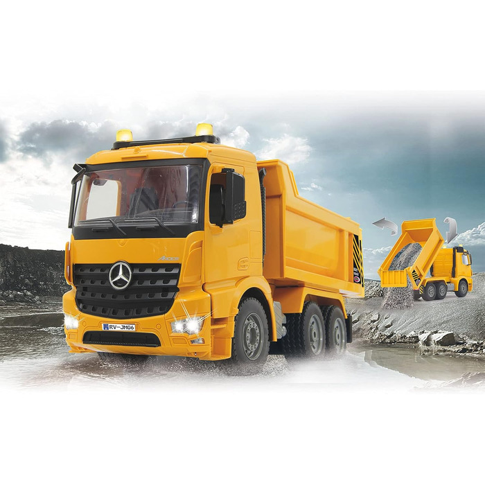 Позашляховик-самоскид Mercedes-Benz Arocs 2,4 ГГц - Кузов підіймається/опускається, реалістичний звук двигуна, клаксон, звук попередження про рух заднім ходом, повний привід, жовті світлодіодні сигнальні вогні, програмовані функції, 404940 -