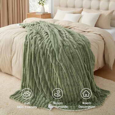 Товста плюшева ковдра Tofinel, пухнаста, 150x200 см - Маленька шерпа ковдра, шавлієво-зелена та ковдра для дивана, ковдра з імітації вовни, портативна тепла пухнаста пледка для вітальні та пікніка, флісова ковдра, 150x200 см, шавлієво-зелена 1
