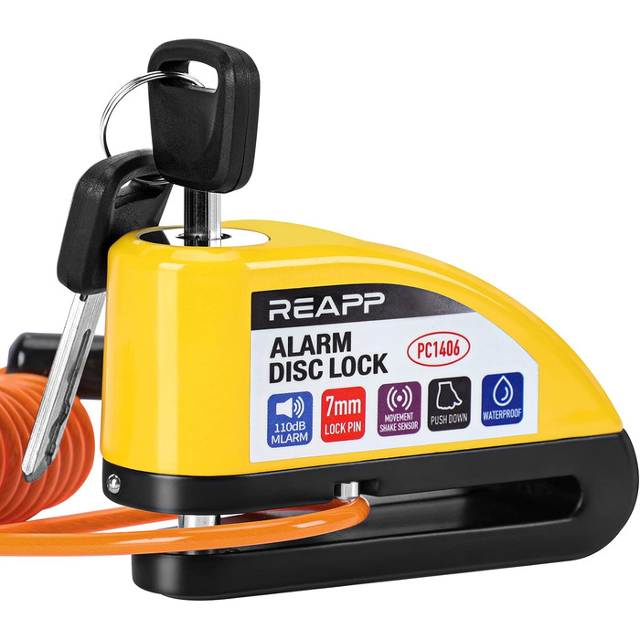Замок гальмівного диска з сигналізацією 110 дБ, жовтий, для мотоциклів і велосипедів, з 1,5 м кабелем